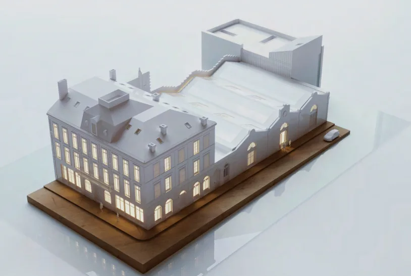 Maquette architecturale du projet Queyries : immeuble en pierre et halles réunis sur un socle commun